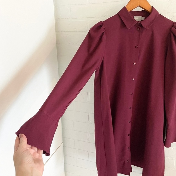 ASOS Mini Shirt Dress Button down Long Tulip sleeve Princess shoulder Burgundy 4 - Picture 5 of 14